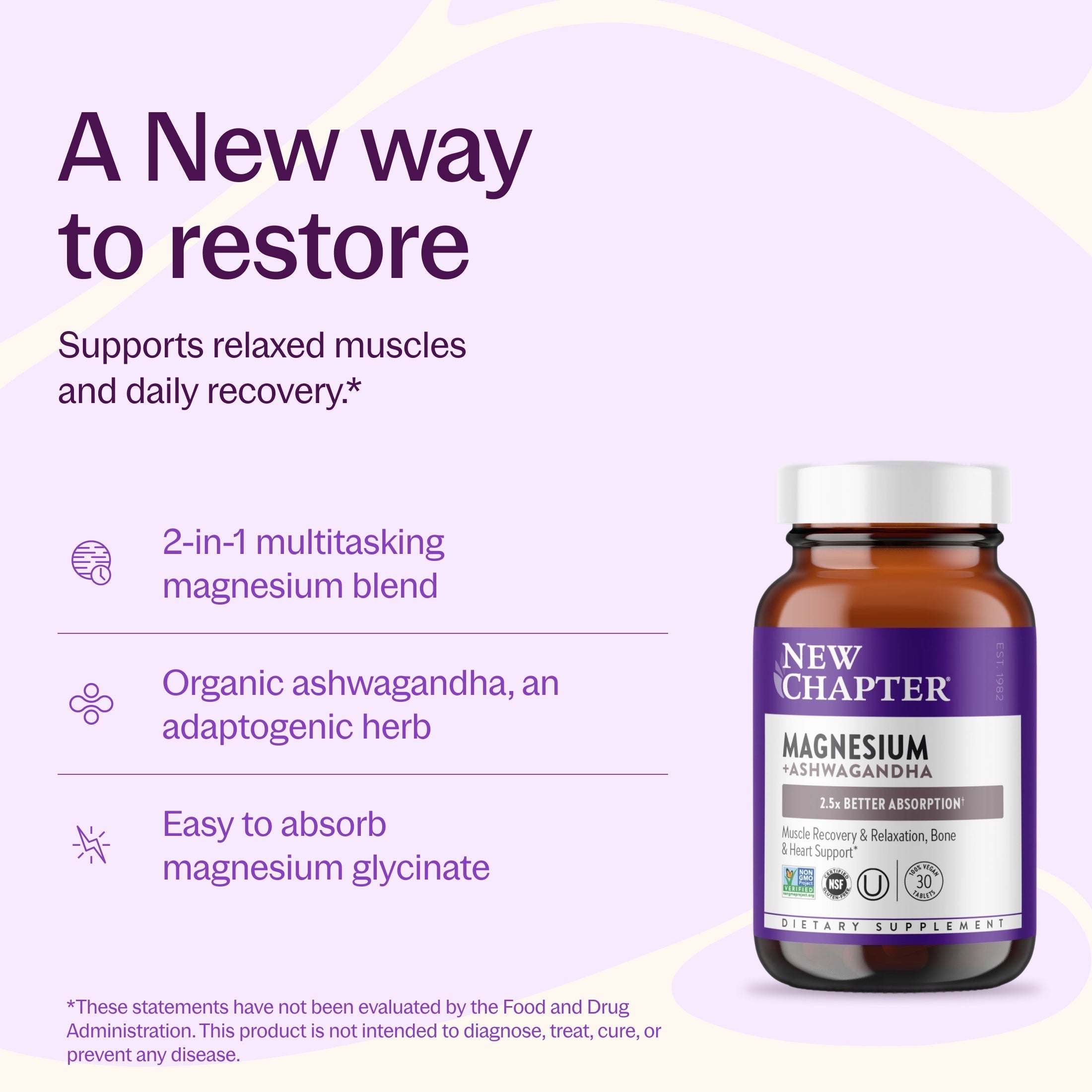 New Chapter Magnesium + Ashwagandha 30 Vegan Tablets